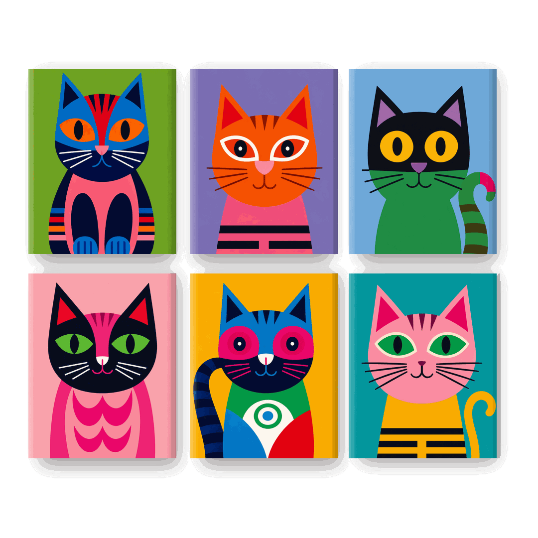 6 Mini-Gemälde | Katzen in Technicolor Set - Malen nach Zahlen
