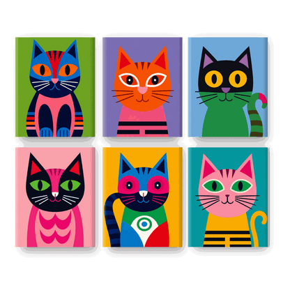 6 Mini-Gemälde | Katzen in Technicolor Set - Malen nach Zahlen