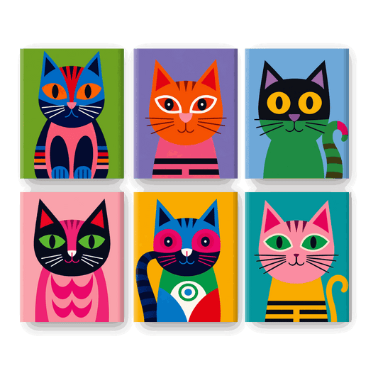 6 Mini-Gemälde | Katzen in Technicolor Set - Malen nach Zahlen