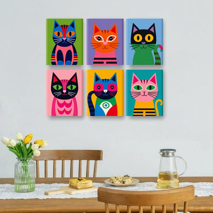 6 Mini-Gemälde | Katzen in Technicolor Set
