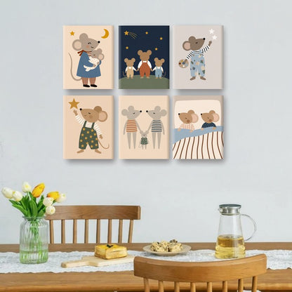 6 Mini-Gemälde | Glückliche Mäusefamilie Set