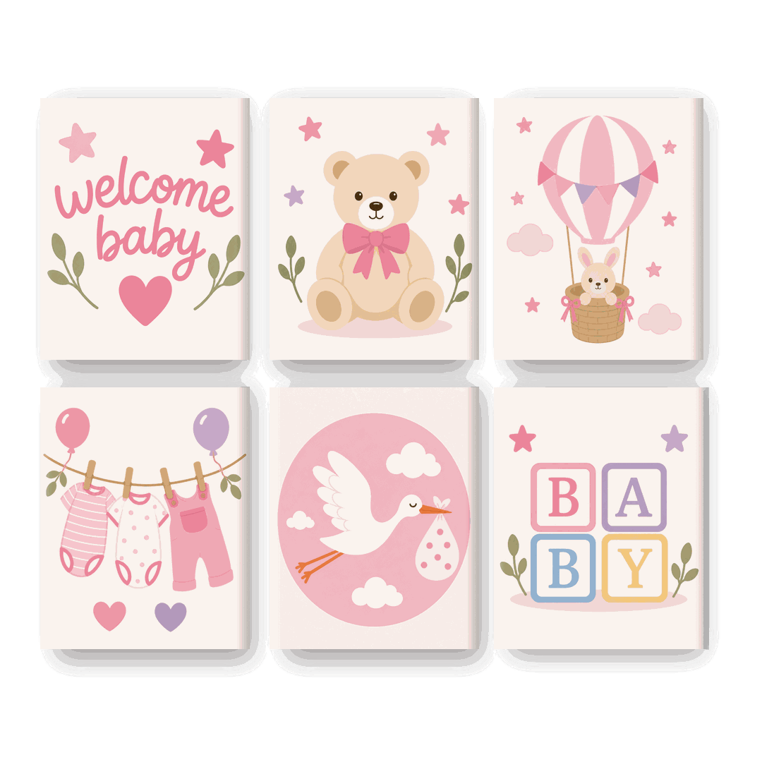 6 Mini-Gemälde | Willkommen Baby Mädchen Set - Malen nach Zahlen