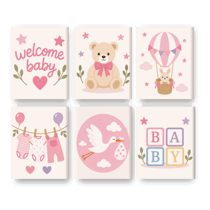 6 Mini-Gemälde | Willkommen Baby Mädchen Set - Malen nach Zahlen