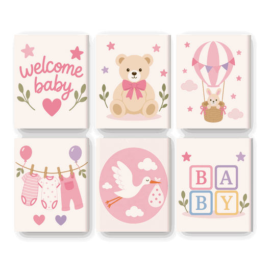 6 Mini-Gemälde | Willkommen Baby Mädchen Set - Malen nach Zahlen