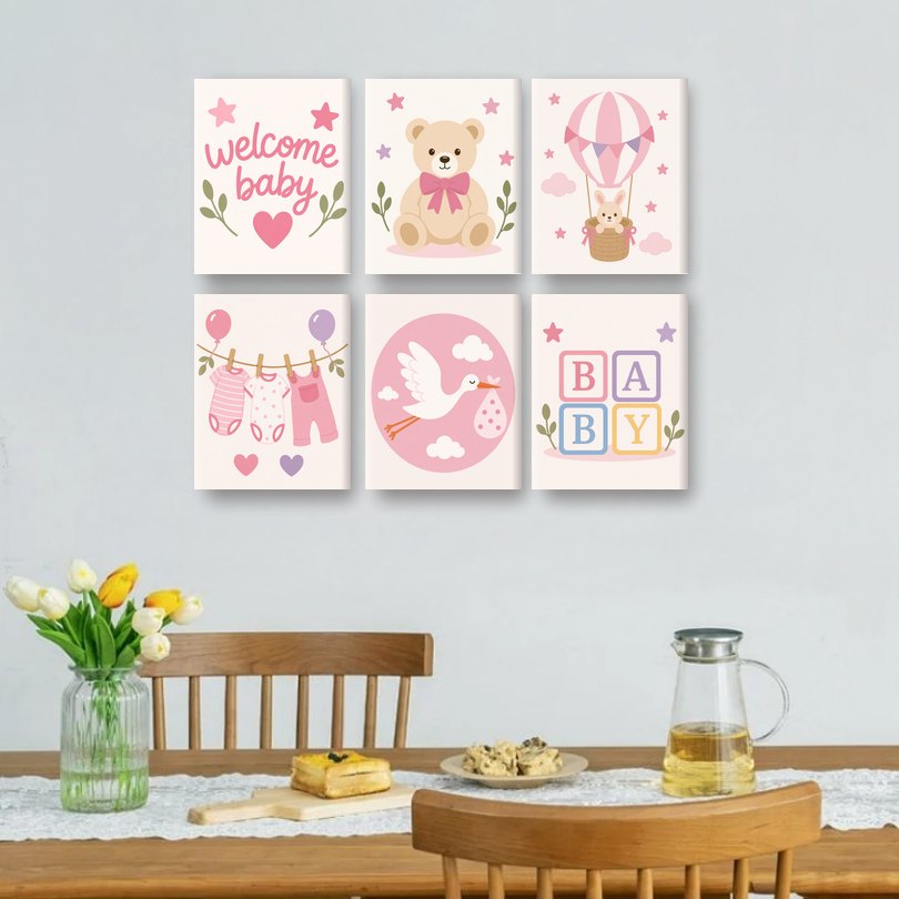 6 Mini-Gemälde | Willkommen Baby Mädchen Set