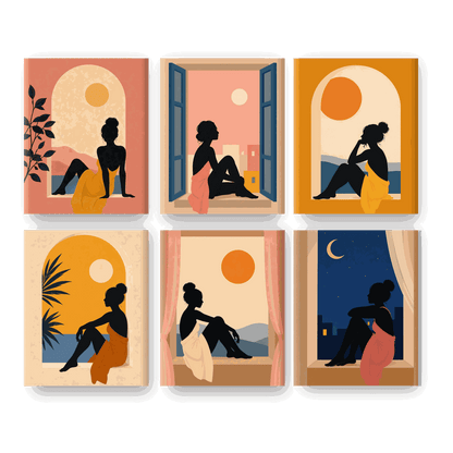 6 Mini-Gemälde | Sonnenuntergangsfenster Set - Malen nach Zahlen