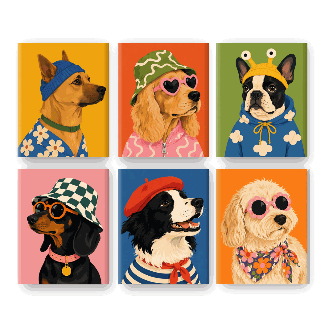 6 Mini-Gemälde | Streetwear-Hund Set - Malen nach Zahlen