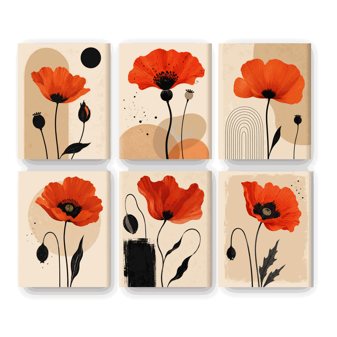 6 Mini-Gemälde | Roter Mohn Set - Malen nach Zahlen