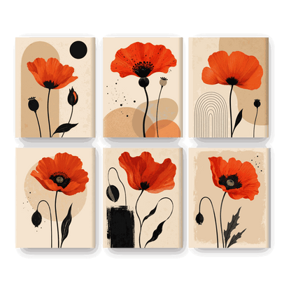 6 Mini-Gemälde | Roter Mohn Set - Malen nach Zahlen