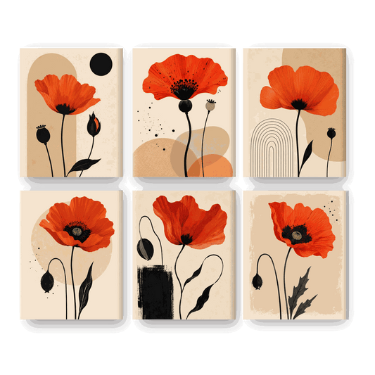 6 Mini-Gemälde | Roter Mohn Set - Malen nach Zahlen