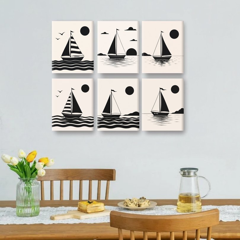 6 Mini-Gemälde | Nautische Silhouette Set