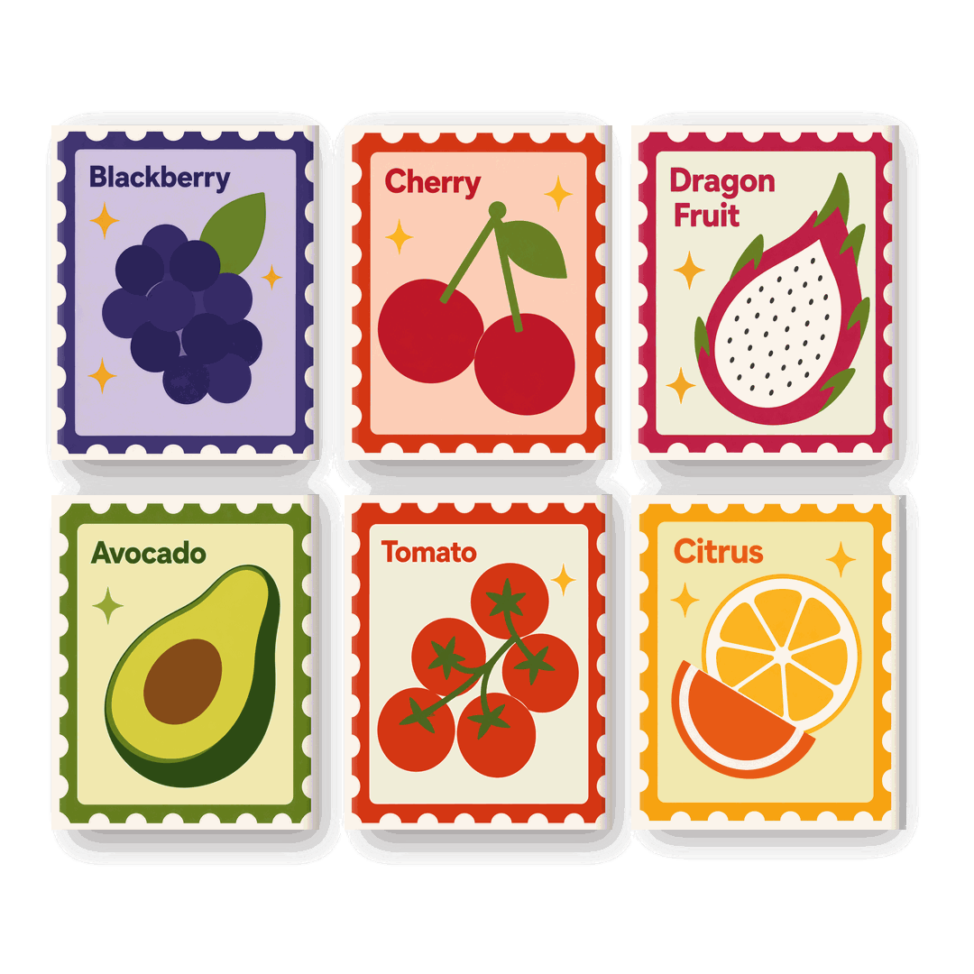 6 Mini-Gemälde | Obst-Briefmarken Set - Malen nach Zahlen