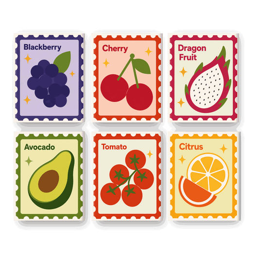 6 Mini-Gemälde | Obst-Briefmarken Set - Malen nach Zahlen
