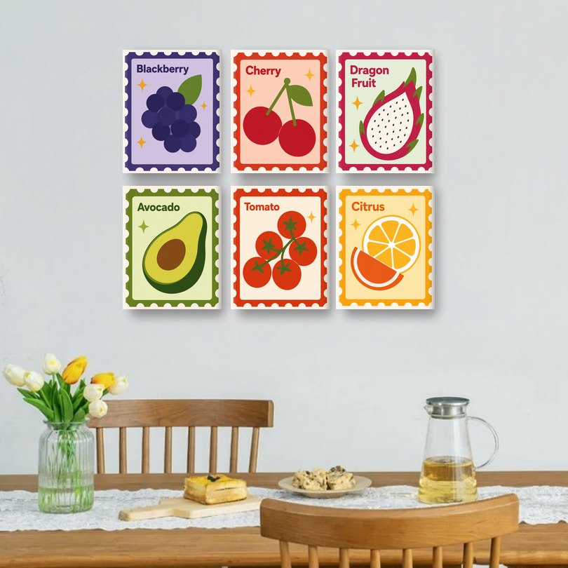 6 Mini-Gemälde | Obst-Briefmarken Set