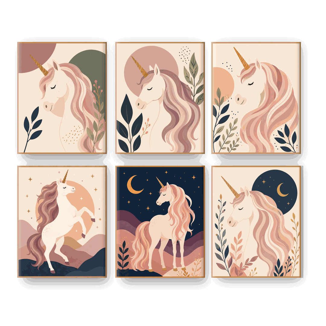 6 Mini-Gemälde | Boho Einhorn Set - Malen nach Zahlen