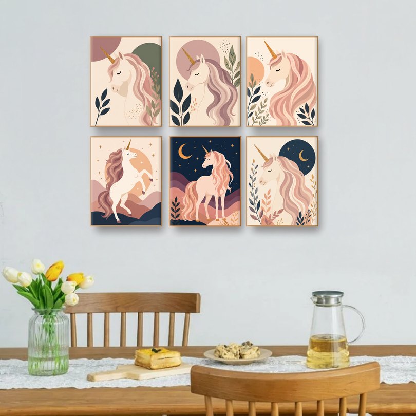 6 Mini-Gemälde | Boho Einhorn Set
