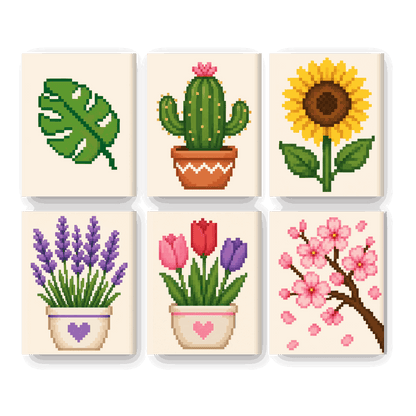 6 Mini-Gemälde | Pixel-Blumen Set - Malen nach Zahlen