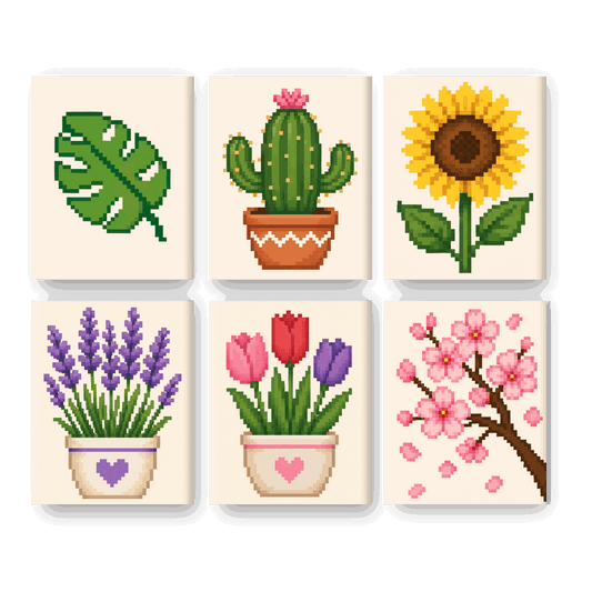 6 Mini-Gemälde | Pixel-Blumen Set - Malen nach Zahlen