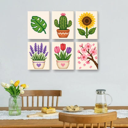 6 Mini-Gemälde | Pixel-Blumen Set