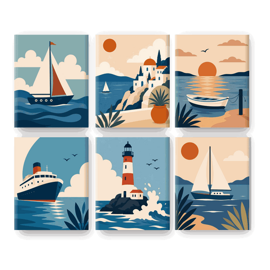 6 Mini-Gemälde | Boote im Sonnenuntergang Set - Malen nach Zahlen
