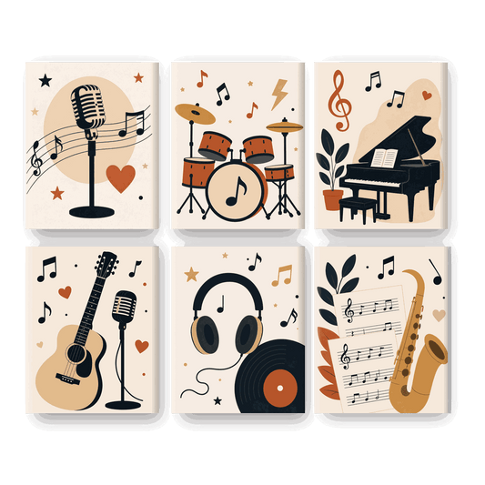 6 Mini-Gemälde | Vintage Musik Set - Malen nach Zahlen