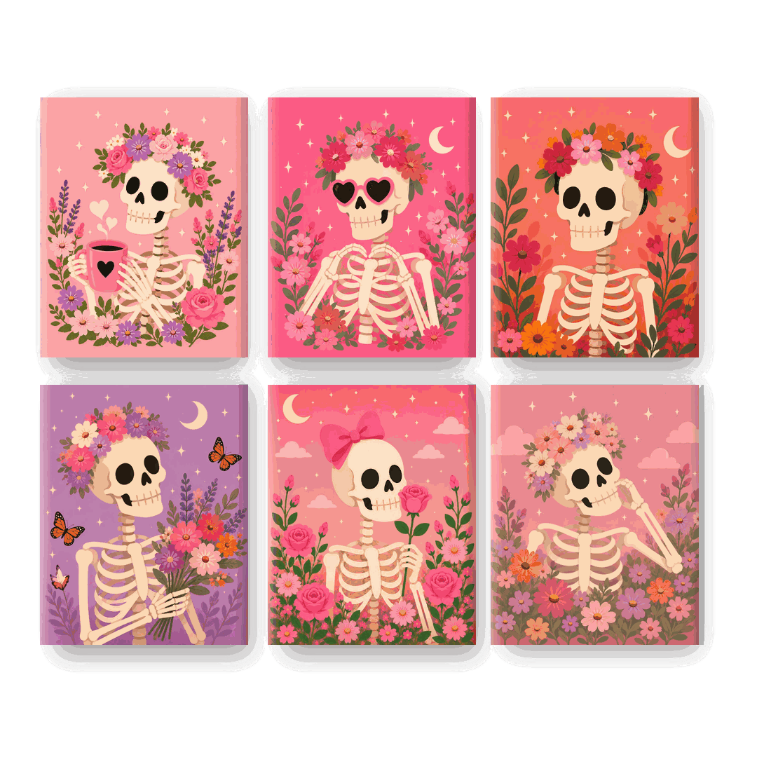 6 Mini-Gemälde | Florales Skelett Set - Malen nach Zahlen