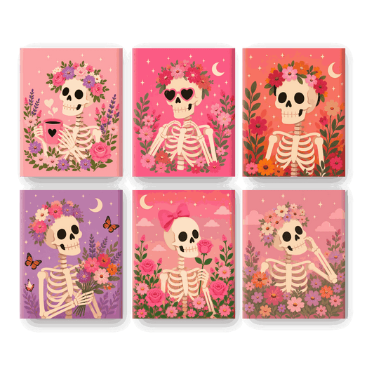 6 Mini-Gemälde | Florales Skelett Set - Malen nach Zahlen
