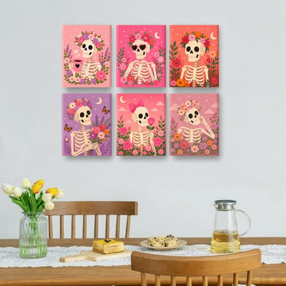 6 Mini-Gemälde | Florales Skelett Set