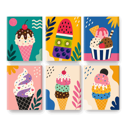 6 Mini-Gemälde | Eiscreme Set - Malen nach Zahlen