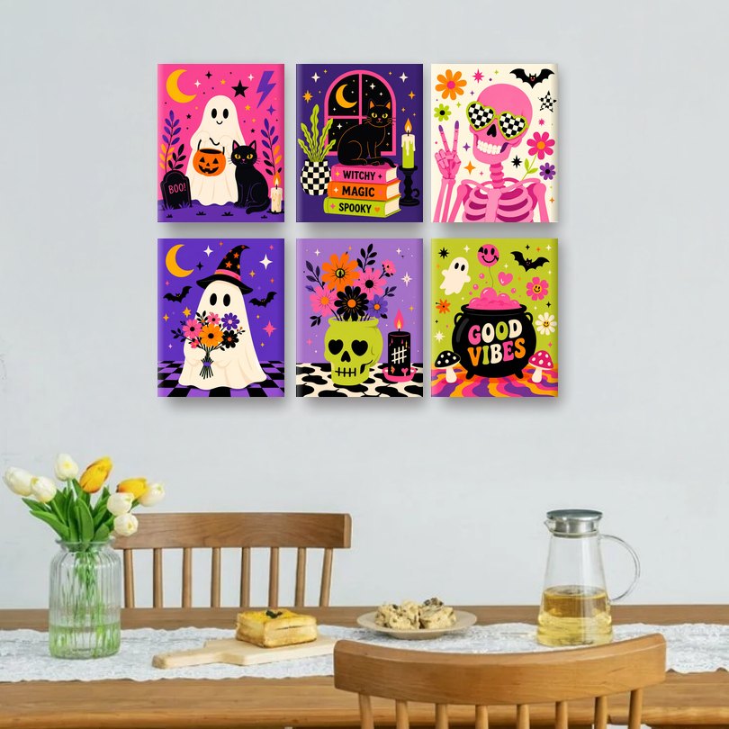 6 Mini-Gemälde | Buntes Halloween Set