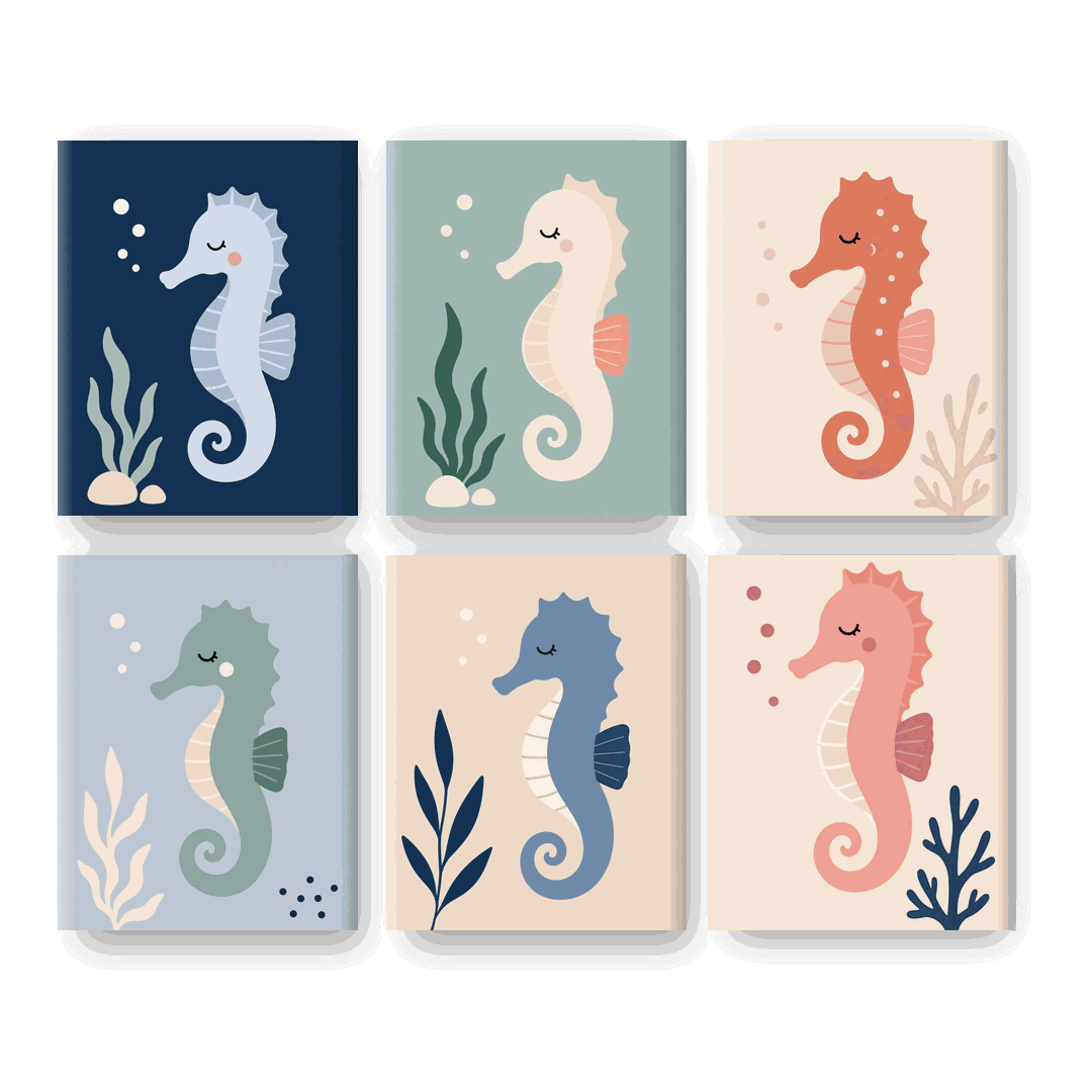 6 Mini-Gemälde | Buntes Seepferdchen Set - Malen nach Zahlen