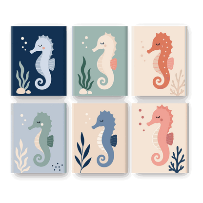 6 Mini-Gemälde | Buntes Seepferdchen Set - Malen nach Zahlen