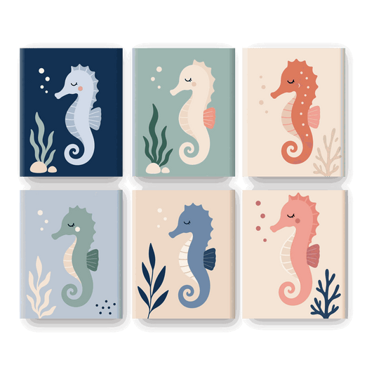 6 Mini-Gemälde | Buntes Seepferdchen Set - Malen nach Zahlen