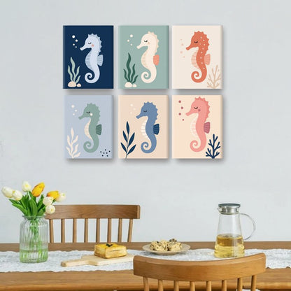 6 Mini-Gemälde | Buntes Seepferdchen Set