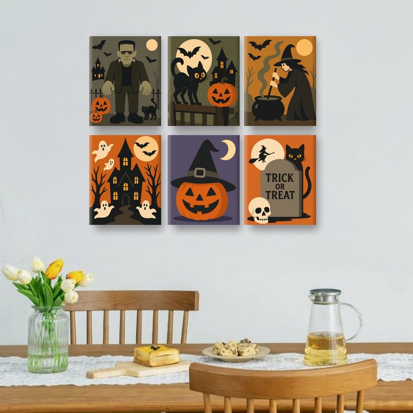6 Mini-Gemälde | Halloween-Spukorte Set