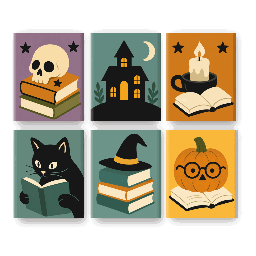 6 Mini-Gemälde | Spukbibliothek Set - Malen nach Zahlen