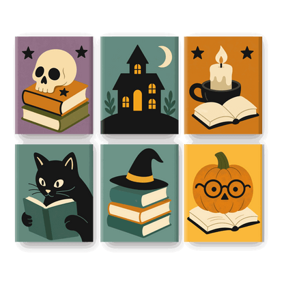 6 Mini-Gemälde | Spukbibliothek Set - Malen nach Zahlen
