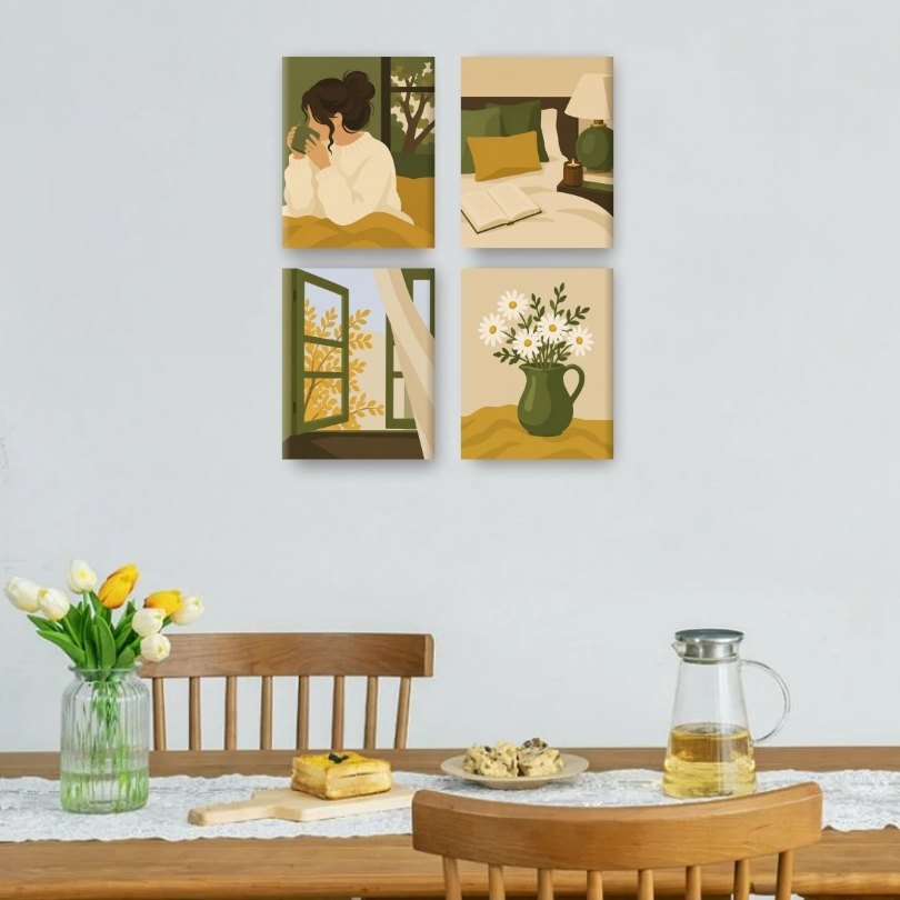 4 Mini-Gemälde | Goldenes Fenster Set