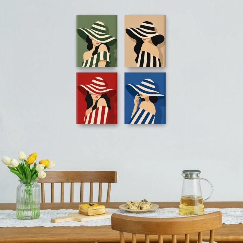 4 Mini-Gemälde | Gestreifte Hüte Set