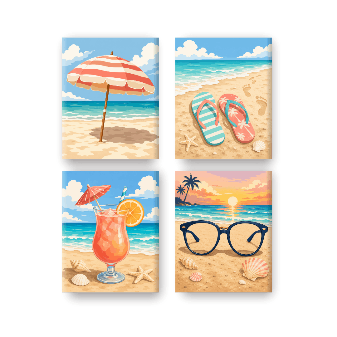 4 Mini-Gemälde | Strand & Sonnenbrille Set - Malen nach Zahlen