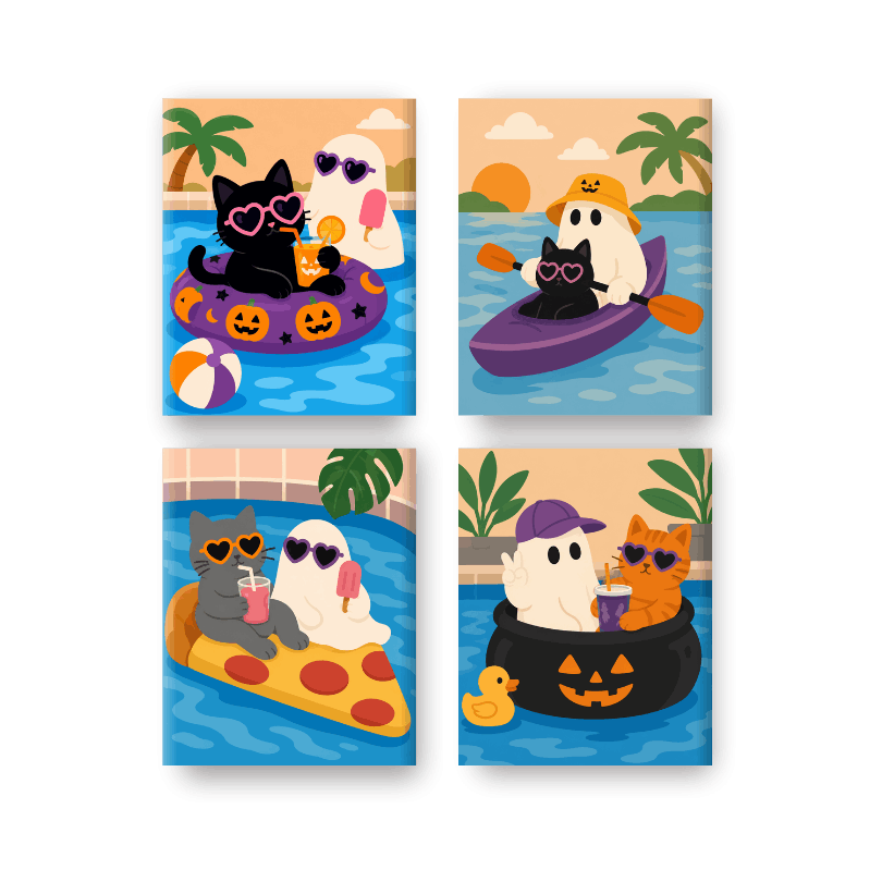 4 Mini-Gemälde | Gruseliger Pool Set - Malen nach Zahlen