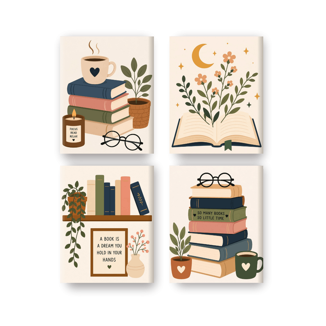 4 Mini-Gemälde | Bücherliebhaber Set - Malen nach Zahlen