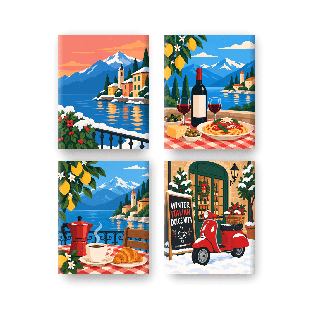 4 Mini-Gemälde | Winterliche italienische Seen Set