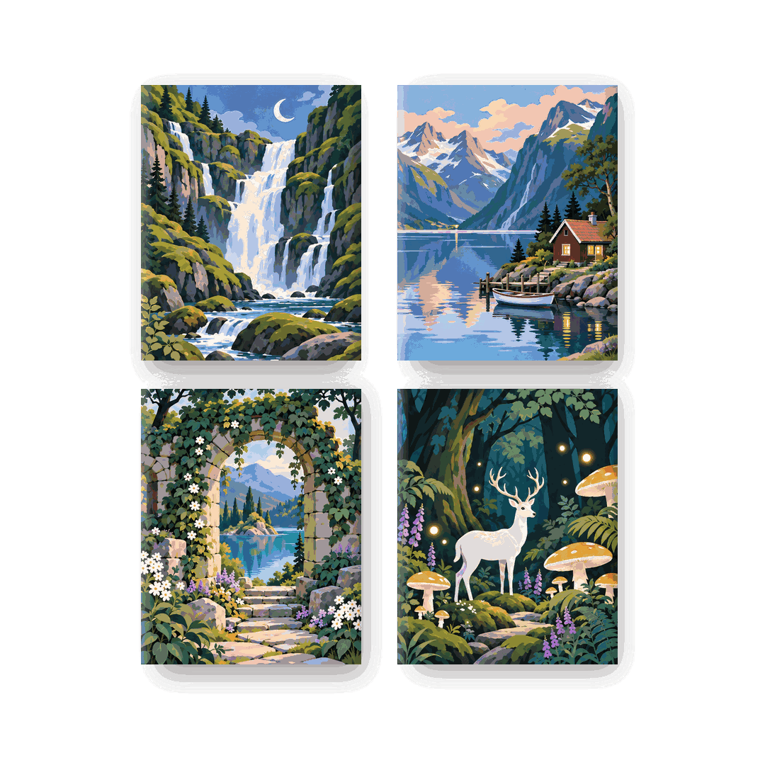 4 Mini-Gemälde | Verwunschene Fantasiewelten Set