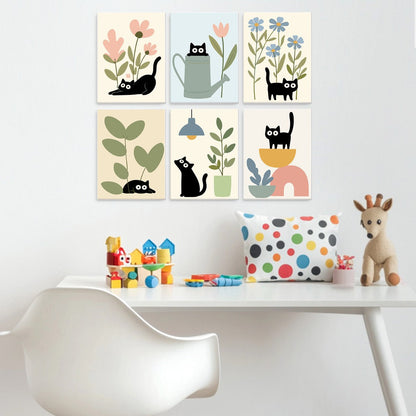 6 Mini-Gemälde auf Holzplatte – Katzen zwischen Pflanzen Set