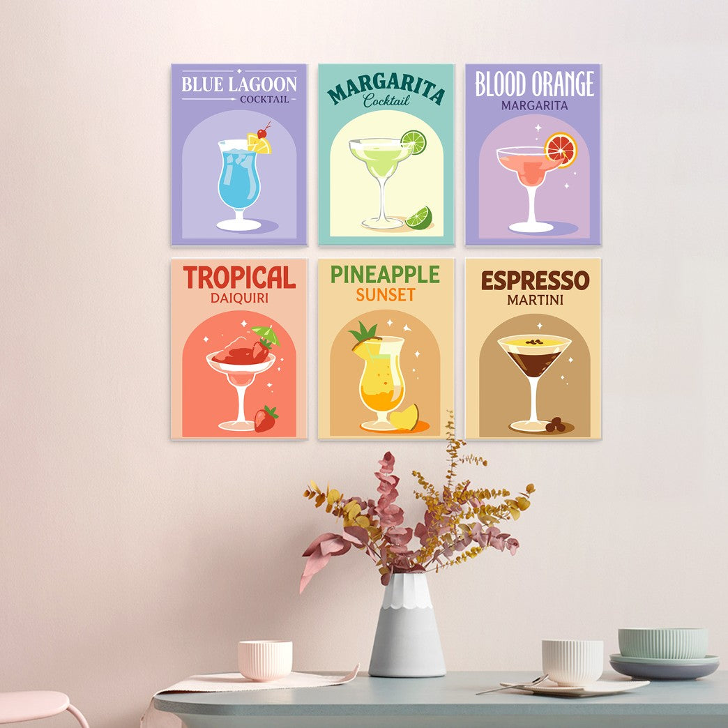 6 Mini-Gemälde auf Holzplatte – Bunte Cocktails Set