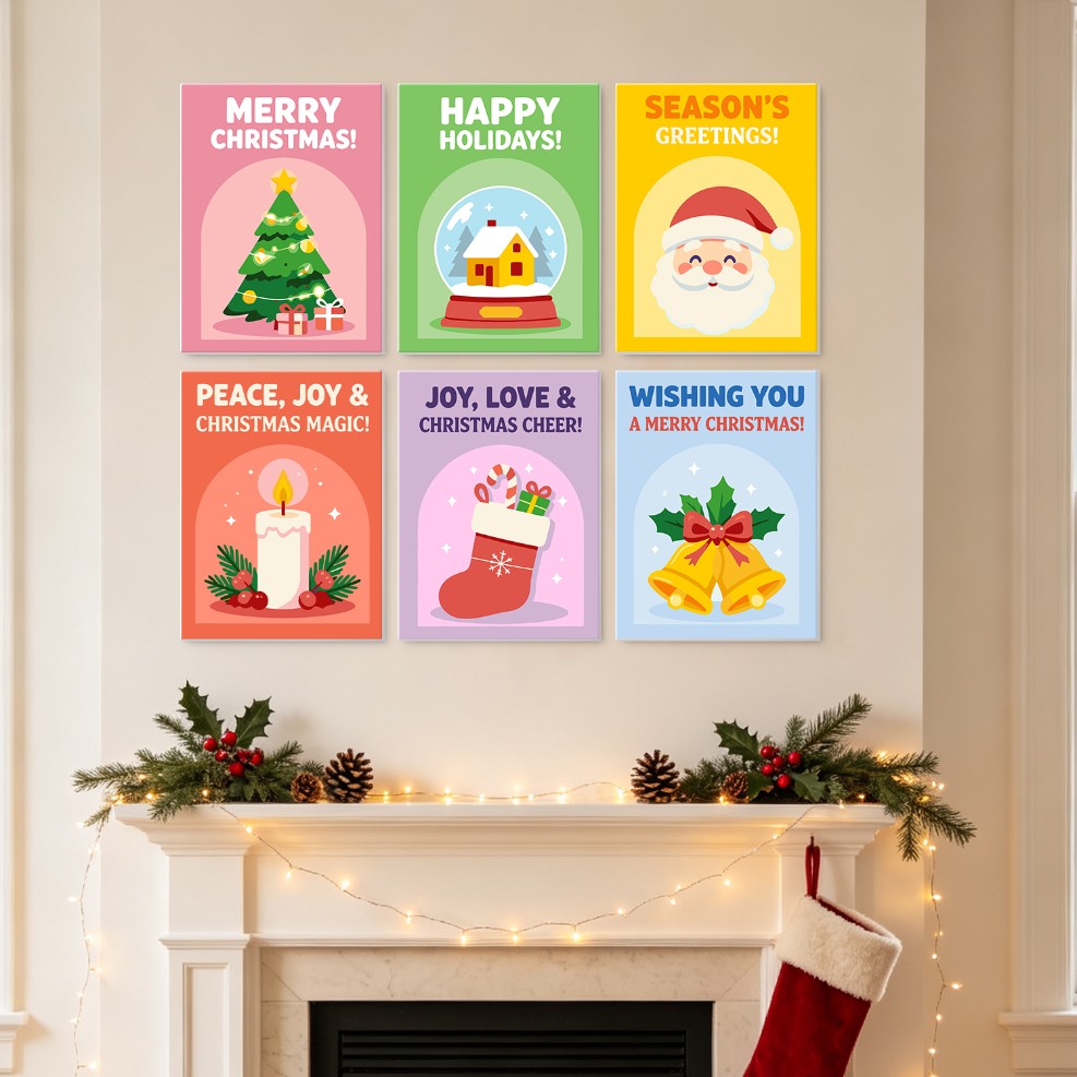 6 Mini-Gemälde auf Holzplatte – Weihnachtsgrüße Set