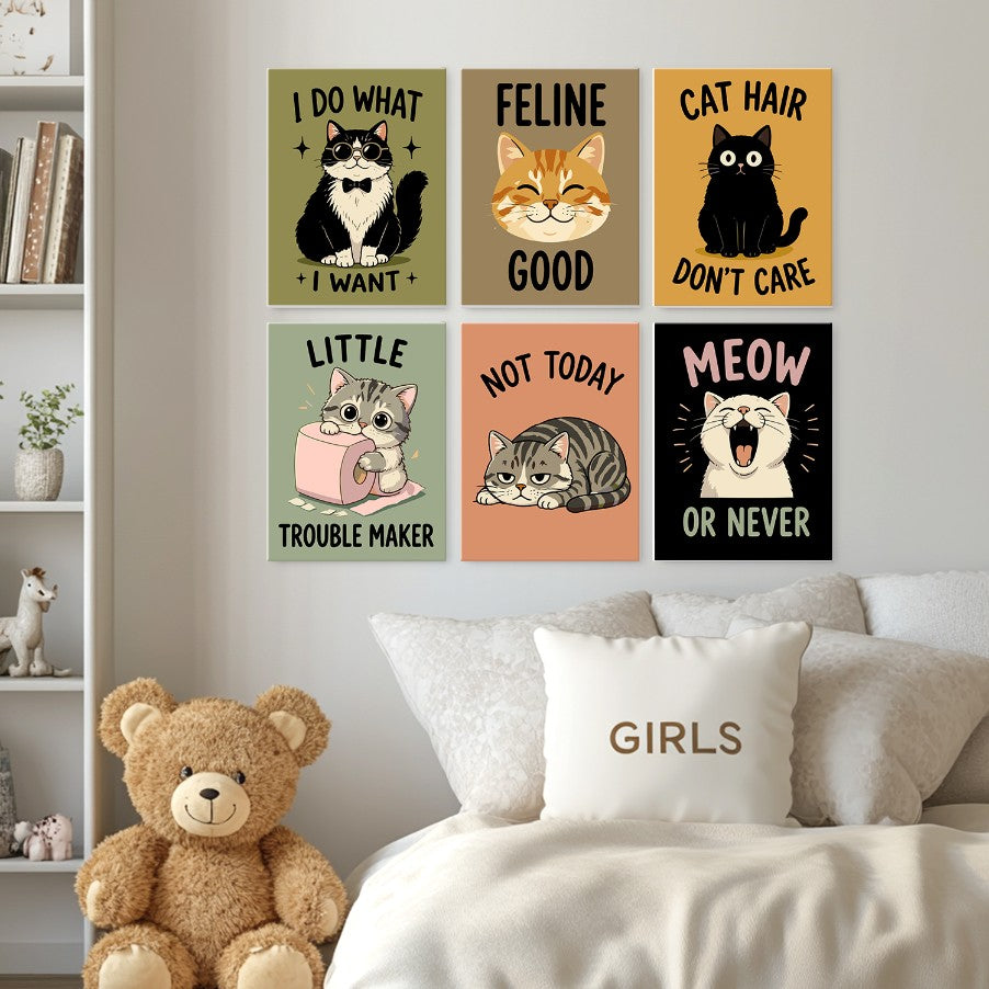 6 Mini-Gemälde auf Holzplatte – Freche Katzen Set