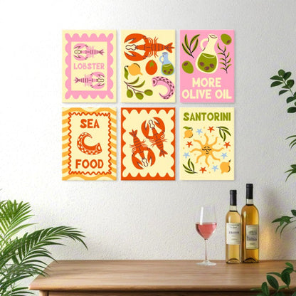 6 Mini-Gemälde auf Holzplatte – Mediterraner Fang Set