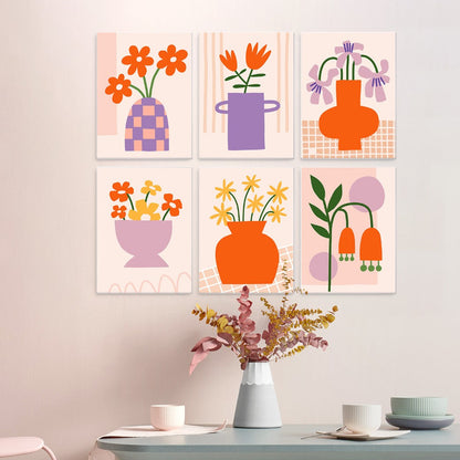 6 Mini-Gemälde auf Holzplatte – Vase voller Blüten Set